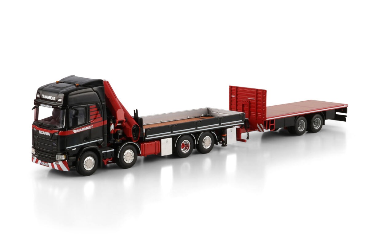 SCANIA R HIGHLINE CR20H RIGED FLATBED TRUCK 8X2 TAG AXLE RIGED FLATBED TRUCK DRAWBAR TRAILER - 6 AXLE WITH PALFINGER PK 370 TEC